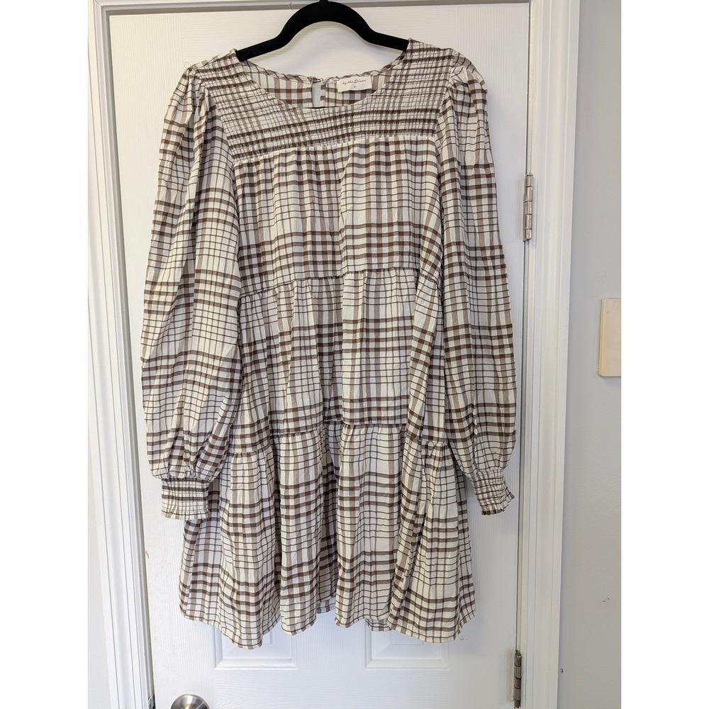 By the River Brown Plaid Smocked Tiered Babydoll Mini Dress Long Sleeve Medium